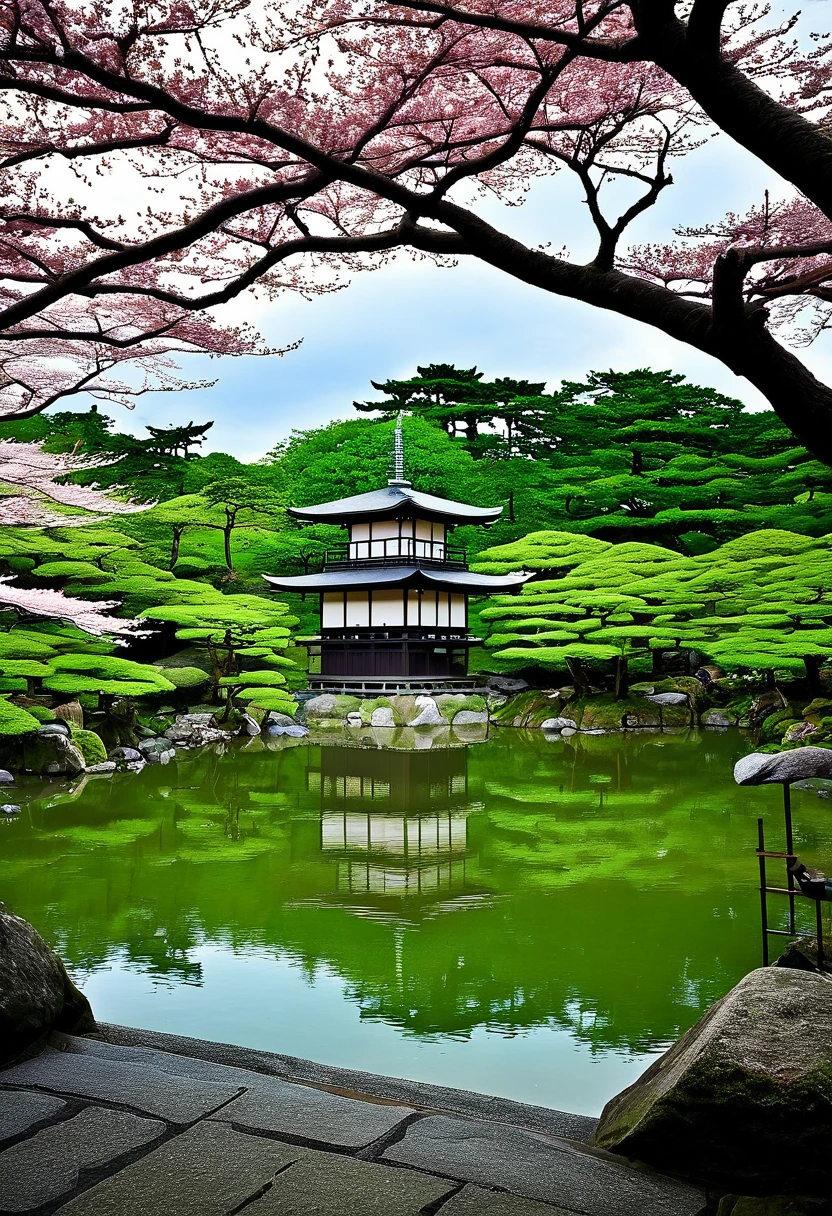 View of a pagoda in a Japanese garden with a lake, Japanese Templess, Japanese Nature, Kyoto japan setting, Japanese Temples, Kyoto, Ancient Japanese architecture, Kyoto inspired, Japanese Landscape, Japan Travel and Tourism, Zen temple background, lush Japanese Landscape, Japan Tourism, Awesome Wallpapers, Japan Deeper Journey Exploration, Beautiful Wallpapers, Japanese architecture, Japanese House, Ancient Japan,The whole place is full of cherry blossoms,A refreshing sunny day