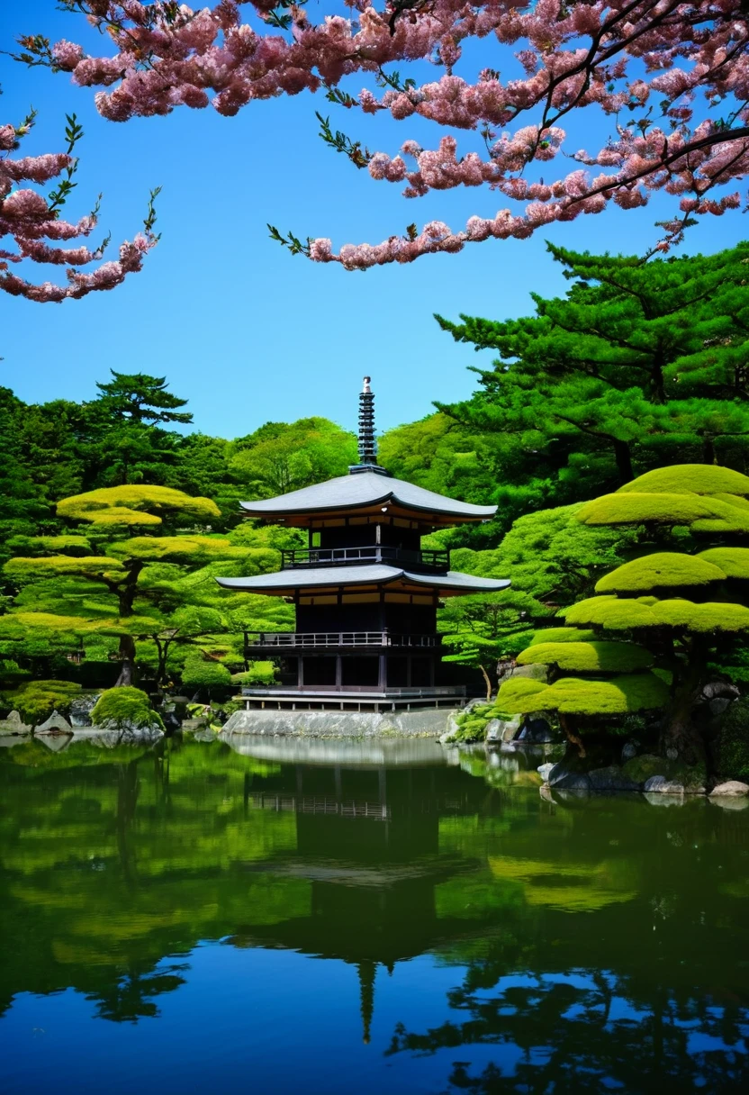 View of a pagoda in a Japanese garden with a lake, Japanese Templess, Japanese Nature, Kyoto japan setting, Japanese Temples, Kyoto, Ancient Japanese architecture, Kyoto inspired, Japanese Landscape, Japan Travel and Tourism, Zen temple background, lush Japanese Landscape, Japan Tourism, Awesome Wallpapers, Japan Deeper Journey Exploration, Beautiful Wallpapers, Japanese architecture, Japanese House, Ancient Japan,The whole place is full of cherry blossoms,A refreshing sunny day