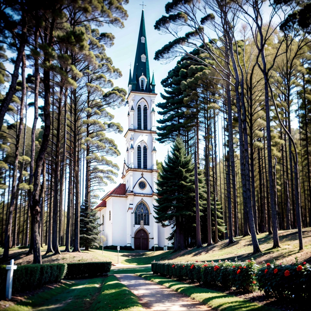 uma floresta clara, e ao fundo uma igreja, absurdo, ultra-detalhado, alta qualidade, estilo medieval