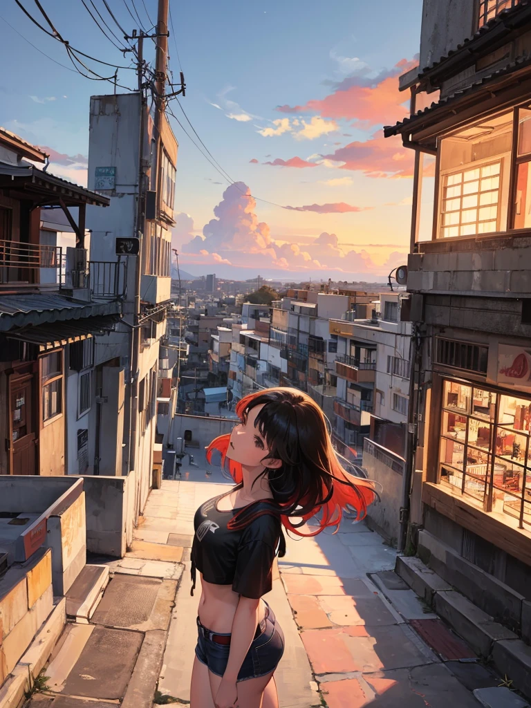 ((best illustration)) brazilian girl, cabello rojo, cuerpo adolescente, tetas enormes, falda ajustada negra, bota negra, paisaje urbano, edificio, horizonte, atardecer, silueta contra las nubes, contemplativo.  
