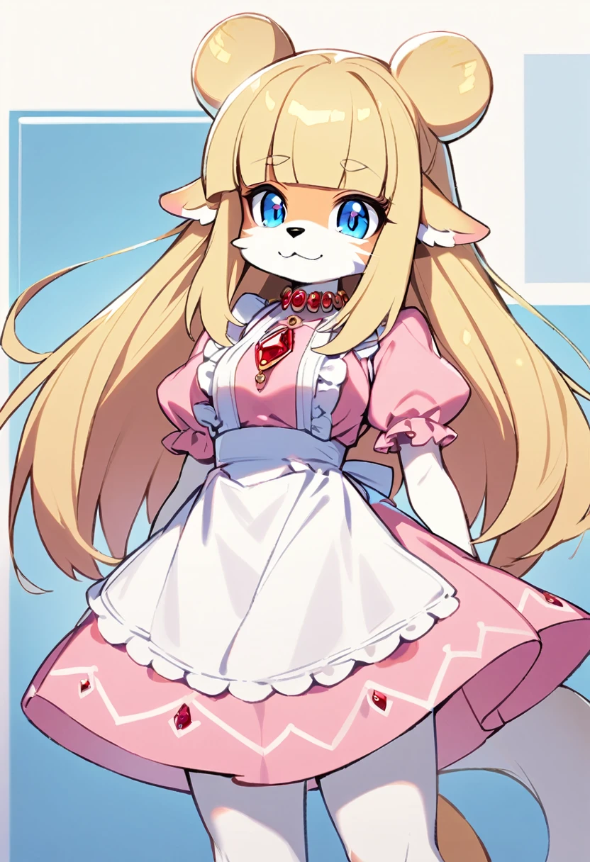1 girl,furry,blonde hair,blunt bangs,high hair bun,long hair,droopy dog ears,blue eyes,medium breasts,long dog mazzle,standing, Pink dress with red jewels on the bust,white apron