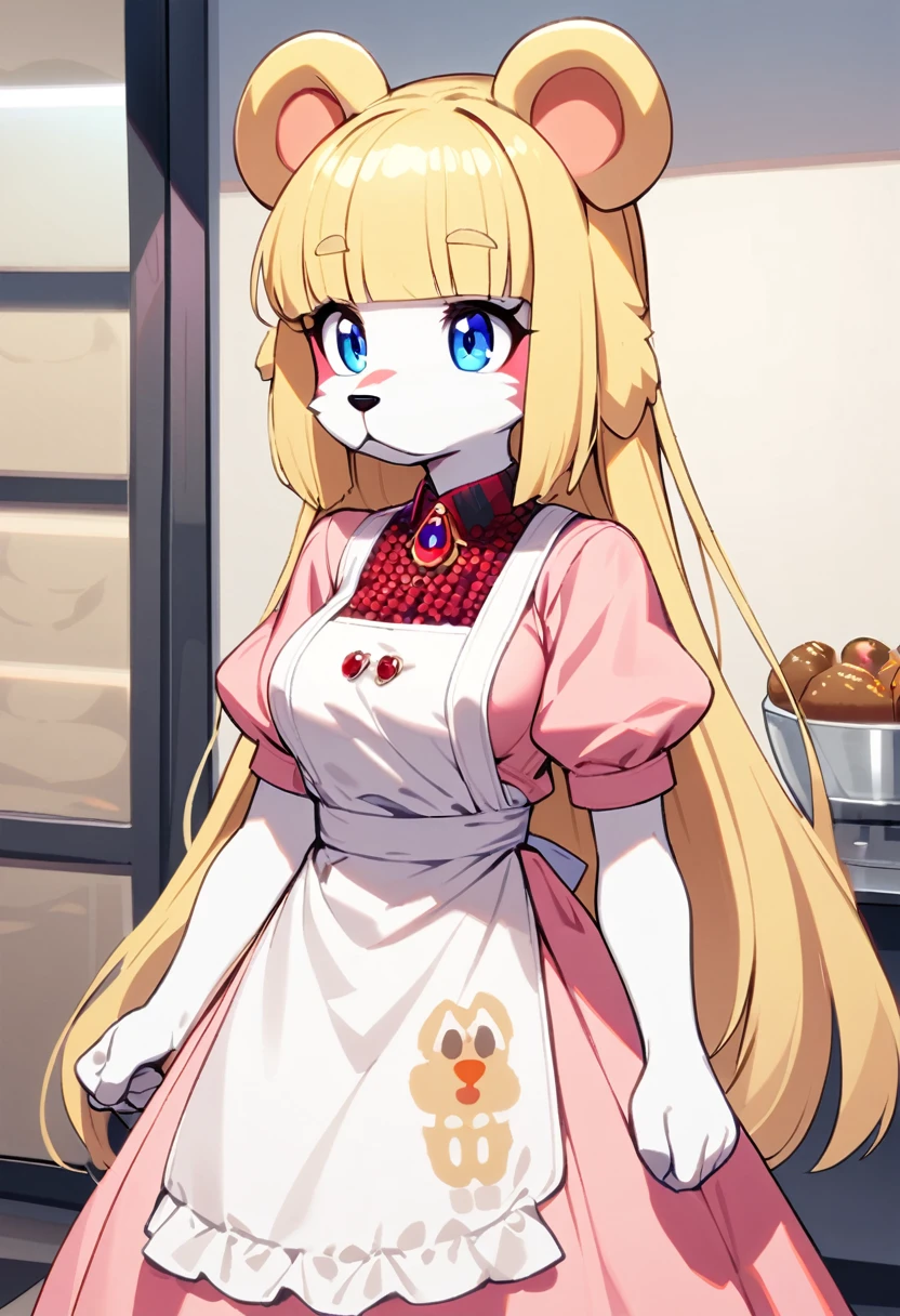 1 girl,furry,blonde hair,blunt bangs,high hair bun,long hair,droopy dog ears,blue eyes,medium breasts,long dog mazzle,standing, Pink dress with red jewels on the bust,white apron
