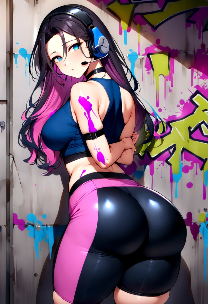 masterpiece, best quality, 25 years old beautiful woman, long hair, (mature face:1.4), 1woman, solo, crop top, gym leggings, choker, (from behind:1.4), plumb ass, thick thighs, thin waist, (graffiti:1.5), paint splatter, arms behind back, against wall, looking at viewer, armband, thigh strap, paint on body, head tilt, bored, multicolored hair (pink, blue), aqua eyes, headset