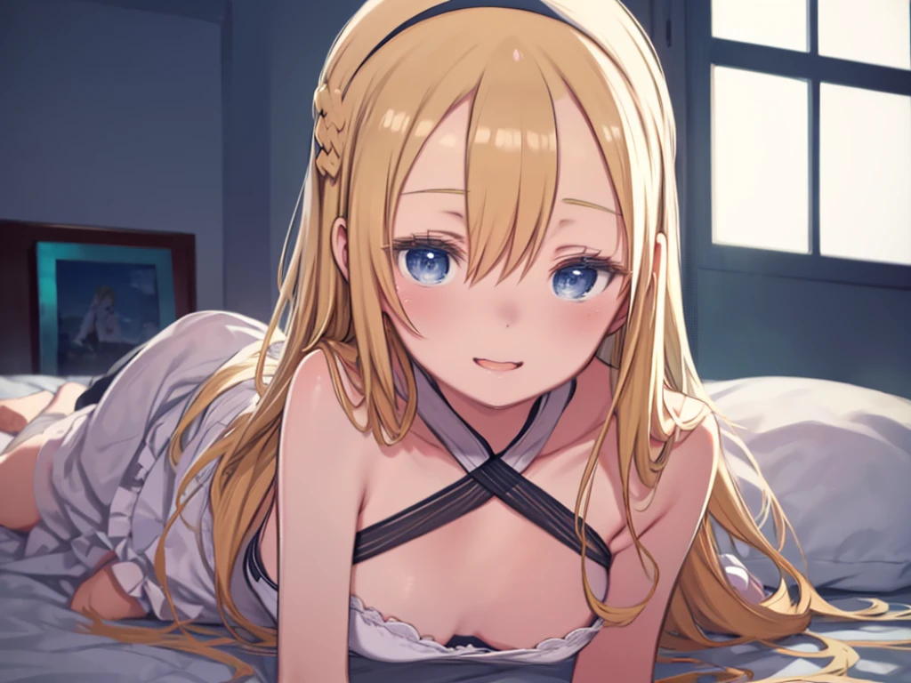 beautiful blonde long hairstyle、hair band、Absurd、Sexy Lingerie 、Emphasize the chest、Cute young woman、 blue eyes、beautiful, Very beautiful and delicately shining eyes、Waking up face with attention to detail、Eyes half closed、Wink、;d、Beautiful, delicate, flowing hair、beautiful delicate and detailed hands、Very delicate and slender fingers、Lie、alone、とてもbeautifulイラスト、かわいくてbeautiful, beautiful face very delicate and detailed、Bedroom、bed、Inside the room、morning、morning day、(((仰向けになってLie)))