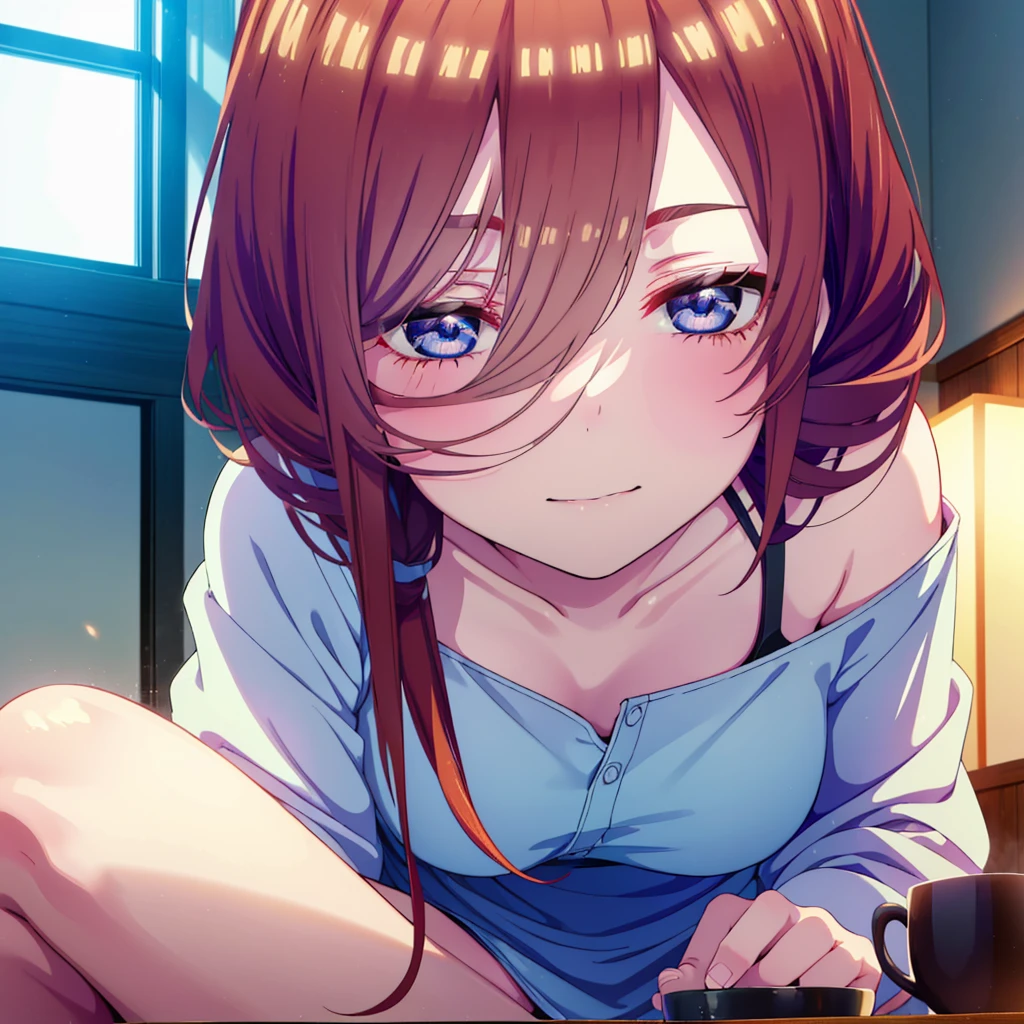 Mikunakano, miku nakano, Long Hair, bangs, blue eyes, Brown Hair, shirt, Hair between the eyes,smile,Open your mouth, Messy Hair,オーバサイズtshirt,One Shoulder,Black string underwear,barefoot,Sitting on the sofa,There is a coffee mug on the table,whole bodyがイラスト入るように,
break indoors, Bedroom,Building district,
break looking at viewer, whole body,
break (masterpiece:1.2), Highest quality, High resolution, unity 8k wallpaper, (figure:0.8), (Beautiful attention to detail:1.6), Highly detailed face, Perfect lighting, Highly detailed CG, (Perfect hands, Perfect Anatomy),