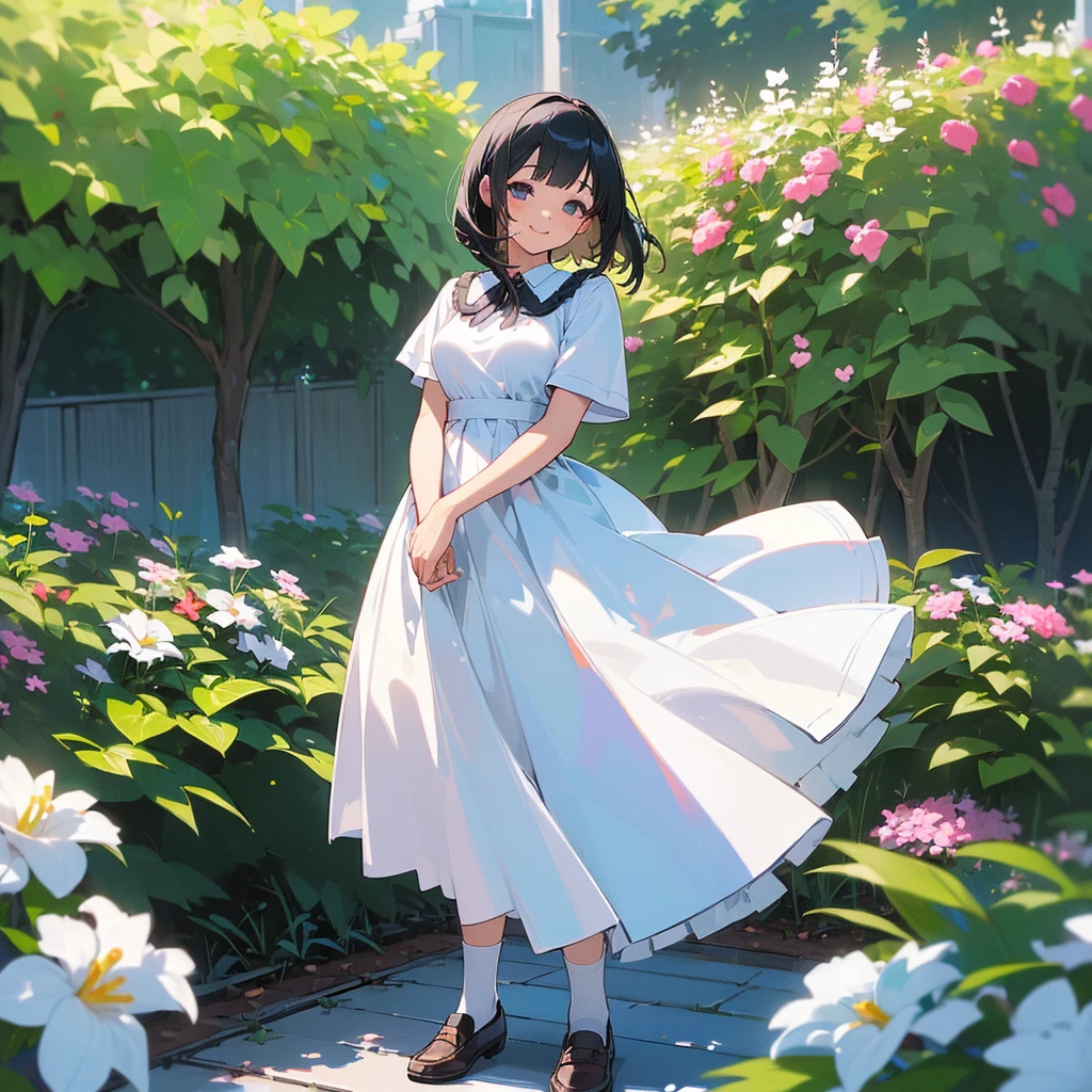 (high quality, High resolution, Very detailed, reality:1.37), Peaceful atmosphere, (Outdoor, garden), age girl standing alone, (my breasts are big.), Beautiful details, Cute Smile, (Black bob hair), White short-sleeved dress, White socks, loafers.