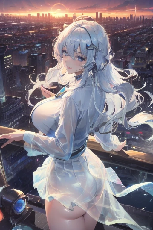 Official Art, masterpiece, Clear focus, (Beautiful, gorgeous and lovely Korean women:1.3), (Beautiful and cute Korean:1.3), Korean beauty, Exquisite and beautiful hair、Eyes and face, Practical, Super detailed, beautiful girl, Blue sky, 夜光White颗粒, (Side Light:1.2), Sunlight, White Cloud, Detailed Cloud, thin and long, Cute big boobs and big ass, grin, ((Smile with your eyes, Open your eyes)), landscape, long, Straight Hair, sexy facial expression, architecture, (city View:1.7), Dynamic Hair, long, Straight Hair, delicate white hair, glowing blue eyes, (blue pleated shirt + White Skirt), White, Pale skin, Hair accessories, epic landscape,Nice ass，Beautiful buttocks ，White高跟鞋，The skirt was lifted