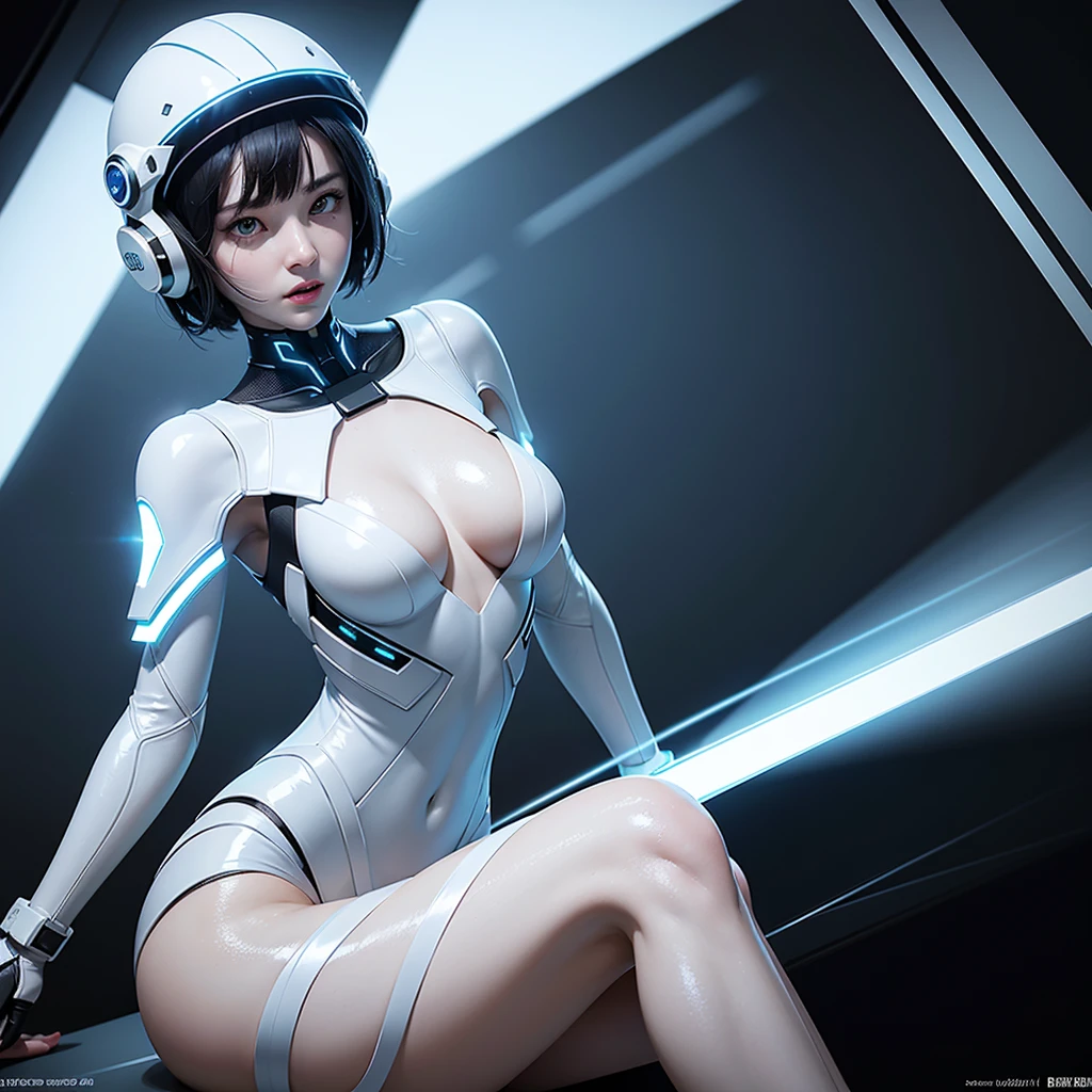 ((of the highest quality)), ((​master piece)), (detail:1.4), Translucent white material with mechanical parts and transparent skin, Beautiful woman in cyber bodysuit made of gray carbon material, Glowing pale with LEDs, (Wide open chest), Ticker (High dynamic range), Ray tracing, NVIDIA RTX, Super Resolution, Subsurface Scattering PBR Texturing, Post-processing, Anisotropy Filtering, depth of fields, Surface Shading, Accurate simulation of light/Material Interactions, perfectly proportions, Two-tone lighting, Wide aperture, Low ISO, White Balance, 8K, NSFW, (((cyber helmet))), 25 year old woman, Cyber headgear with dull glowing LEDs, knee high, Dull bangs beautiful short hair, ((Cyber hood with dull glowing LEDs)), beautiful short black hair, beautiful blue eyes, angry face, Skin of the hips and thighs, Beautiful body, Chest to feel gravity, (Medium breasts: 1.0), Simple and minimalistic space, Natural sexy poses, Looking down, close up