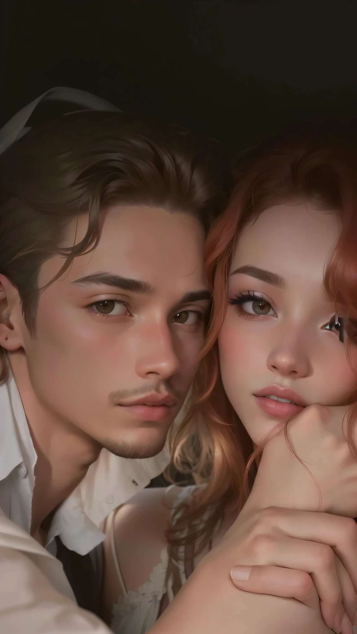 Hay un hombre y una mujer que se abrazan, filtrado photo, Jordan Grimmer y Natasha Tan, filtrado image, jamie coreth, caspar david, foto de perfil, captura de pantalla, taken in the early 2020s, ambos tienen labios rojos, video musical, filtrado, al estilo de petra collins, Chico moreno y chico pelirrojo, ellos son hermanos
