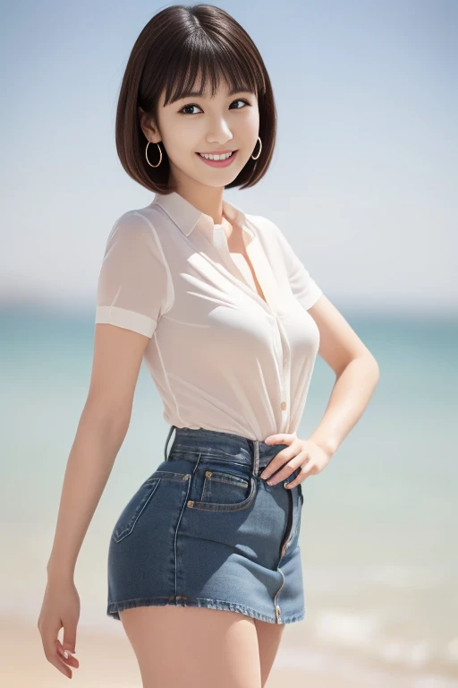 （masterpiece）、(Highest quality:1.5)、(Photorealistic:1.2)、(Surreal), (High resolution), (Realistic), (Post-processing),(Sharp focus), Sharp focus:1.2,Backlight, (Improvement of quality:1.4), Healthy thighs、(Narrow waist)、Big Ass、((Perfectly detailed five-fingered hands)),（Anatomically correct body）、((1 female:1.4))、Japanese、Realistic Skin、（Small chest：1.4）、Bust size is B cup、Pretty woman with perfect figure:1.4,(from the front:1.5), (Enhances the beauty of skin texture:1.1),No makeup、美しいBlack Hair、最高のsmile、Natural color lip、(Small Mouth:1.4)、(Oval Face)、Even bangs、Hide eyebrows with bangs、((29-year-old woman))、Bob Hair、Hair blowing in the wind, (Black Hair, Iris, Watery eyes, Shining Eyes, Bob cut hair, Small earrings,), Hair behind the ear、No makeup、(Drooping eyes)、Drooping eye corners、Photos taken by a professional photographer，1 girl, かわいいsmile,whole body、(((One lovely woman)),((優しい大きなsmile)),(( Small breasts,Small breastsの谷間)),((((Plump Cheeks)))),((whole body：1.５)),(((((Photorealistic:1.4))),((((whole body写真))),(The body is slim)),((Lens flare),(Narrow waist)),Standing Random Pose, smile, Natural Breasts, Perfect lighting, (Mysterious), Clear and detailed,(tropical beach background)、(Dynamic Stylish Pose 1.2)、(With cleavage 1.2)、(thin legs 1.2)、(delicate, Plump and moisturized lips)、((A woman wearing a white short-sleeved shirt:1.4))、((A woman wearing a denim miniskirt that accentuates her thighs.:1.4))、((smile:1.4)、