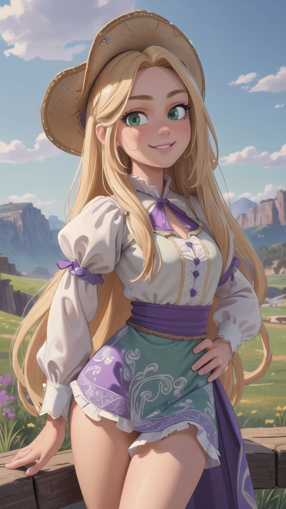 (masterpiece:1.2), (best quality), (ultra detailed), (8k, 4k, intricate),(half body:1.2),(cowboy:1.2),(highly detailed:1.2),(detailed face:1.2), (detailed background),(portrait),detailed landscape,(dynamic pose:1.2),rapunzel 1girl, solo, long hair, looking at viewer, smile, blonde hair, very long hair, green eyes, puffy sleeves, hand on hip, purple thong
