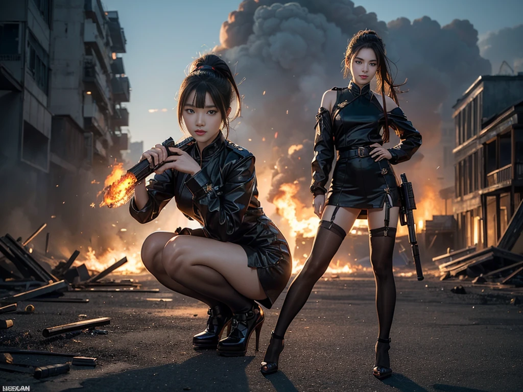 (Top quality,Ultra HD,lifelike: 1.4),Wearing black and gold short qipao,Black high heels,High Ponytail,A girl with air bangs holding a gun,Beautiful armed girl, (K-Pop Idol) ,Detailed face,opposition,Perfect anatomy,Smooth skin,Professional lighting,Victory in battle,Smile of victory(background,beach,Destroyed buildings,Fire,Huge explosion) ) ,Full body close-up,For the audience,hk416,gun,fire