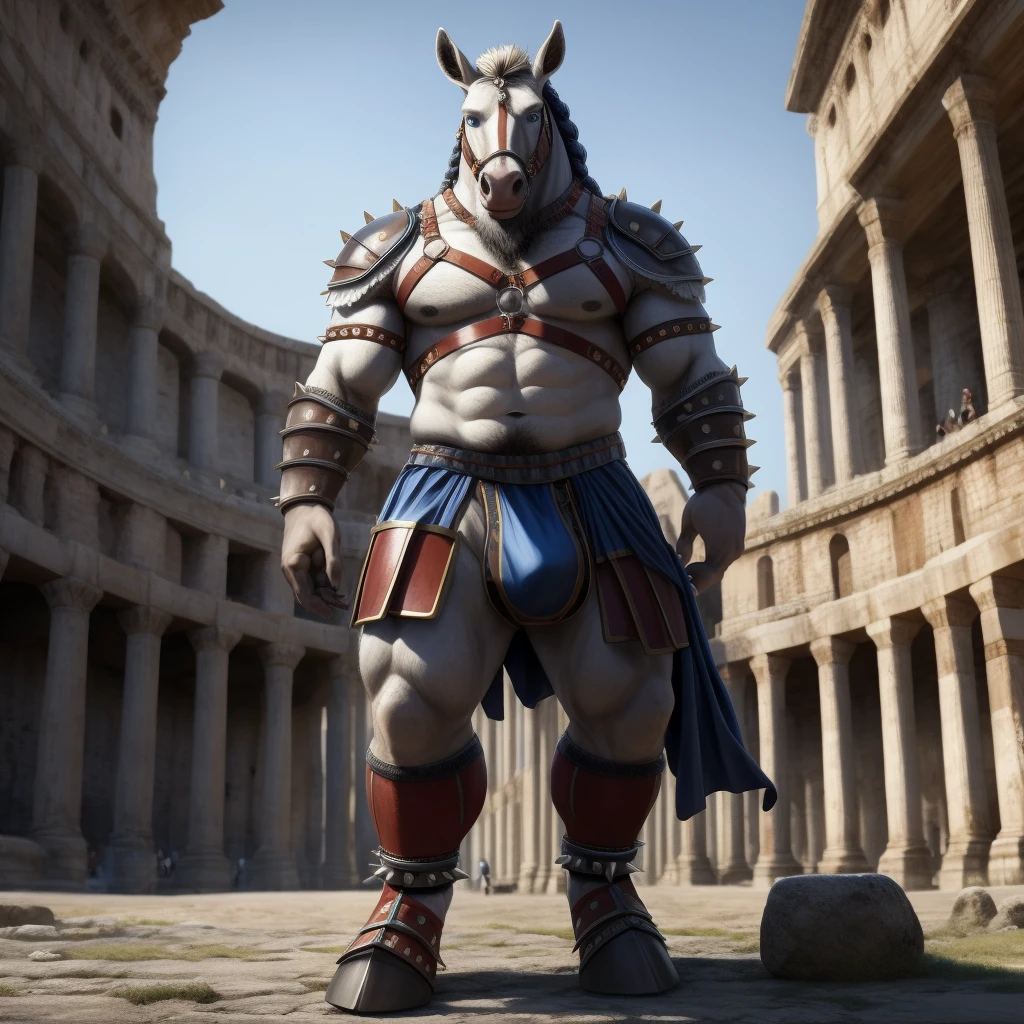 Furry, Kemono, Antropomorphic, Equine, Horse, (Color White), Furry Antropometric legs, Hooves, Antro body, Bigg Ass, Male Bulge, Bigg Balls, Full body, Braided Mane, Roman gladiator armor, Gladiator, Black leather harness, Spiked Anklet, White fitted fundoshi, Roman coliseum arena, Blue Pupil Eyes, High Resolution, 4K Detailed, Good Lighting, Beautiful, Photorealistic, Realistic