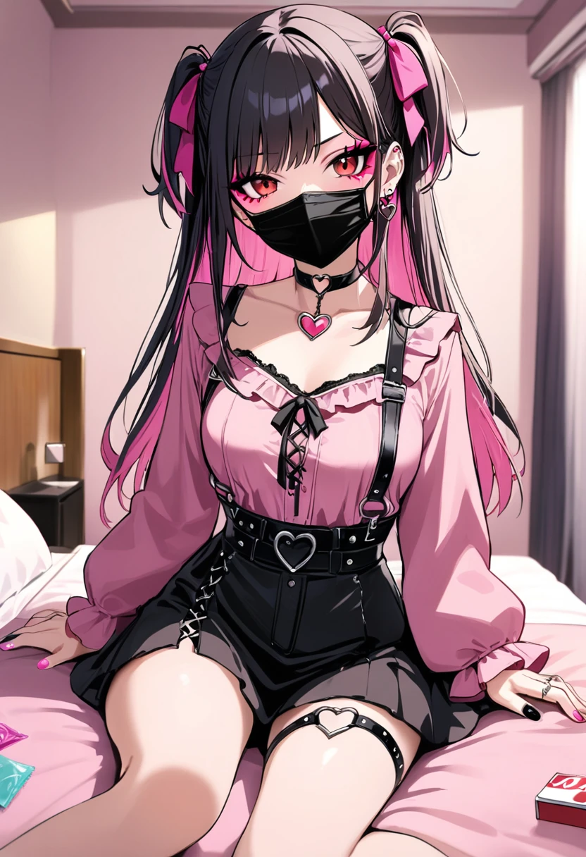 (score_9_, score_8_up, score_7_up, source_anime, 8k, masterpiece, best quality, ultra-detailed, an extremely delicate and beautiful, official style, depth of field, highly detailed, very aesthetic, intricate, overall detail, perfect anatomy), looking at viewer, ((faint light:1.2)), sit, wariza, on bed, (indorrs, hotel room, love hotel, pink wall, pink bed sheet), (condom box, okamoto condoms 0.01), (pink smartphone, ribbon strap), BREAK 1girl, solo, (black hair, pink hair, two-tone hair), long hair, two side up, black hair bow, red eyes, eyeshadow under eye, pink cheek, jirai kei, (cross-laced clothes, pink shirt, long sleeves, frilled sleeves), frill, black bowtie, black skirt, black suspenders, heart brooch, heart earrings, ring, (multicolored nails, nail polish, pink nails, black nails), (mouth mask, black mouth mask), black belt, o-ring thigh strap, black choker, smirk