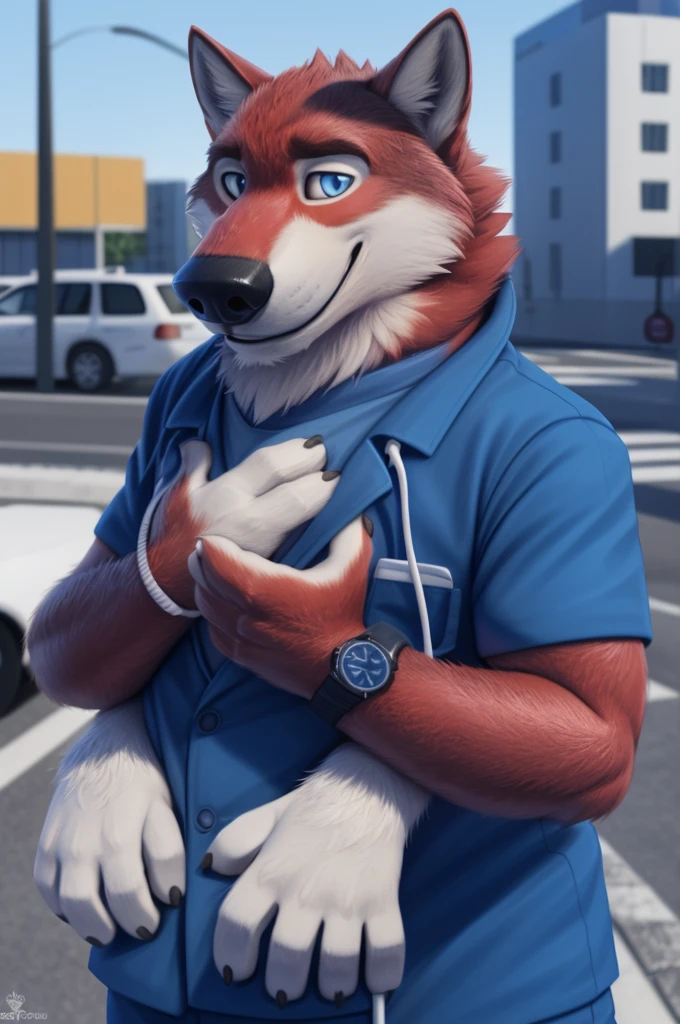 Ivan Fedorovich Wolfbach (Novosibirsk) ,tall handsome, wolf,young, 24 years, brown fur,Kind,(red body:1.3),beautiful blue eyes,Novosibirsk,dressed, мединский костюм stethoscope,sandals,Dr,самый Kind, canine, wolf, detailed fur, male, antro, paw pads, finger claws,at viewer, 5 fingers, paws, 5 fingers, smile, wrist watch, т nextel,by xenoforge, (difficult, high detail, digital photography, soft focus, RAW species палаты ,very close to the camera, species,Novosibirsk, smile, a good mood, positive, very close to the camera,on the street, stethoscope, in the neck,coming,Doctor,
Photorealism, realistic, photorealistic, digital style, Subsurface scattering,Looking at the viewer,hugs the she-wolf,
masterpiece, Best quality, ultra realistic, 8 k)