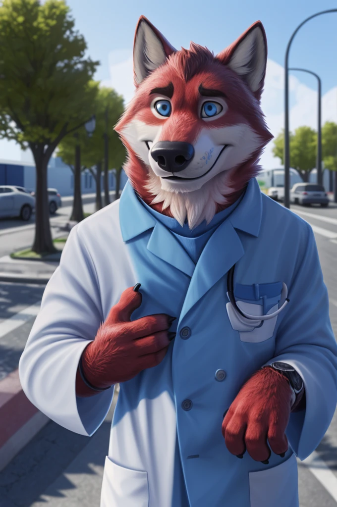Ivan Fedorovich Wolfbach (Novosibirsk) ,tall handsome, wolf,young, 24 years, brown fur,Kind,(red body:1.3),beautiful blue eyes,Novosibirsk,dressed, мединский костюм stethoscope,sandals,Dr,самый Kind, canine, wolf, detailed fur, male, antro, paw pads, finger claws,at viewer, 5 fingers, paws, 5 fingers, smile, wrist watch, т nextel,by xenoforge, (difficult, high detail, digital photography, soft focus, RAW species палаты ,very close to the camera, species,Novosibirsk, smile, a good mood, positive, very close to the camera,on the street, stethoscope, in the neck,coming,Doctor, 
Photorealism, realistic, photorealistic, digital style, Subsurface scattering,Looking at the viewer,hugs the she-wolf, 
masterpiece, Best quality, ultra realistic, 8 k)