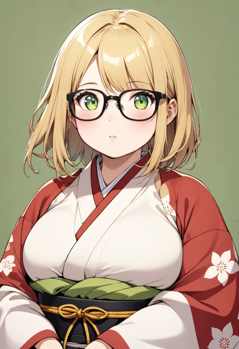 chubby girl, blonde, green eyes, medium length hair, without bangs in hair, glasses with black square frames Japanese clothing style, ancient japan