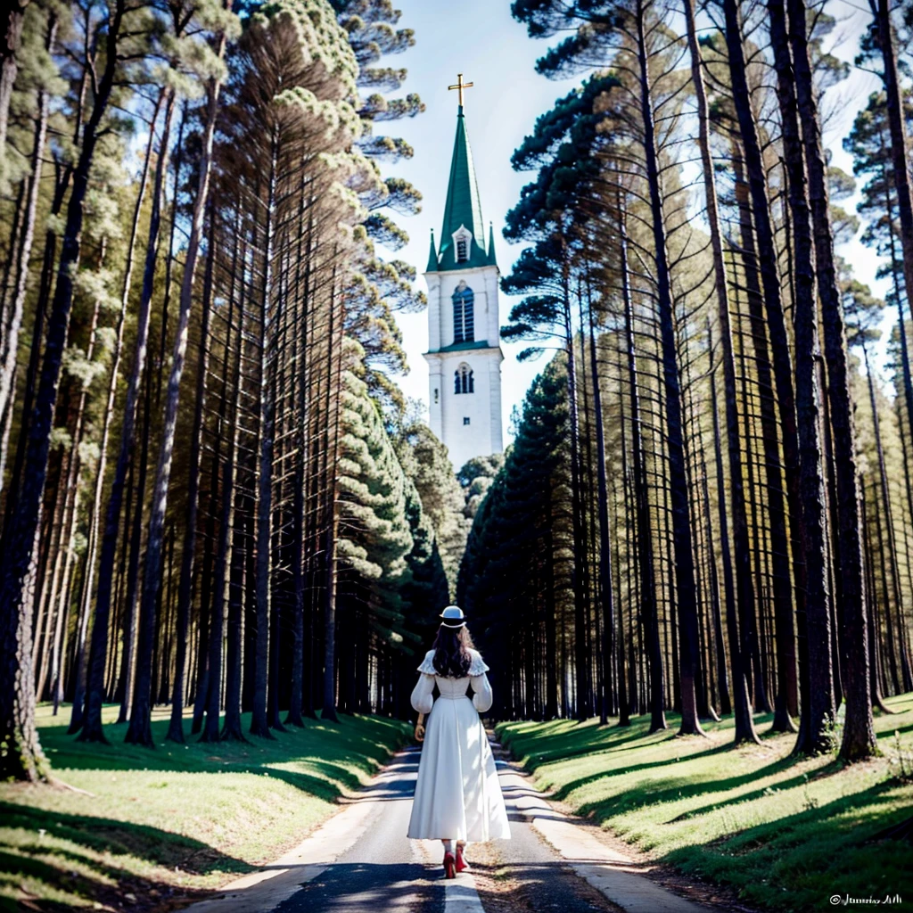 uma floresta clara, e ao fundo uma igreja, absurdo, alta qualidade, estilo medieval, em forma de desenho
