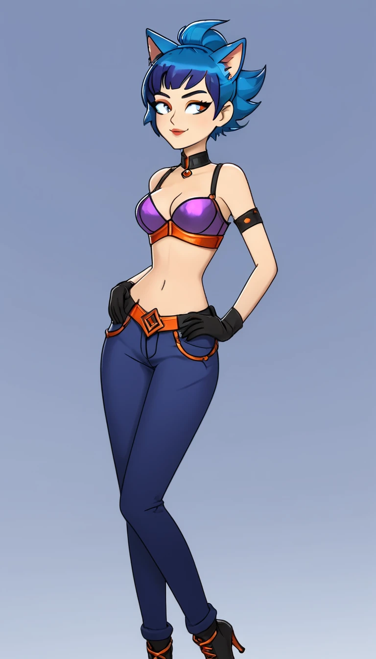 A tall sexy beautiful happy woman has short bright blue hair and orange eyes and wears a metallic purple corset bra, shows her navel and dark blue pants underneath and is wearing a red kitten heel.