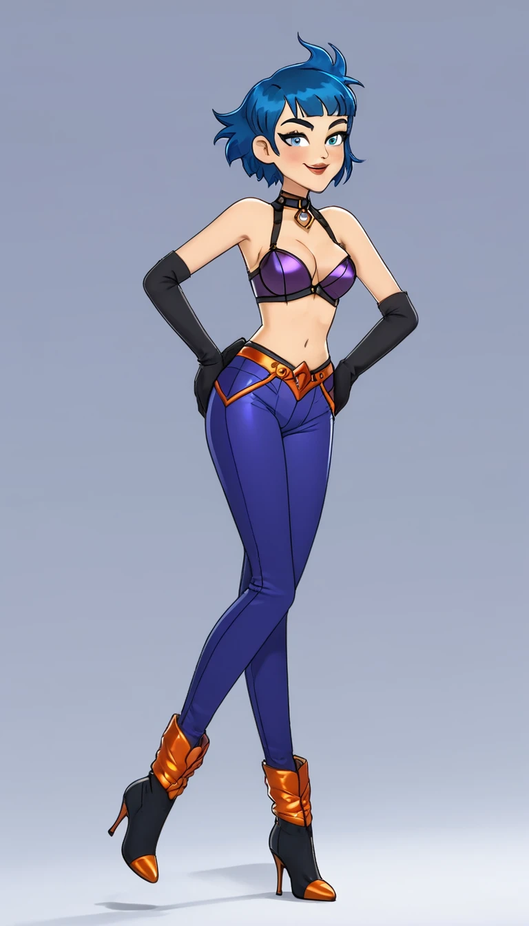 A tall sexy beautiful happy woman has short bright blue hair and orange eyes and wears a metallic purple corset bra, shows her navel and dark blue pants underneath and is wearing a red kitten heel.