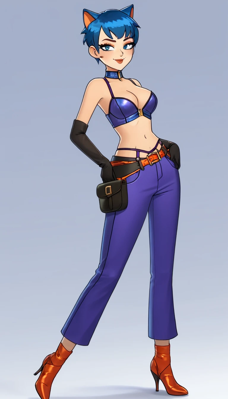 A tall sexy beautiful happy woman has short bright blue hair and orange eyes and wears a metallic purple corset bra, shows her navel and dark blue pants underneath and is wearing a red kitten heel.