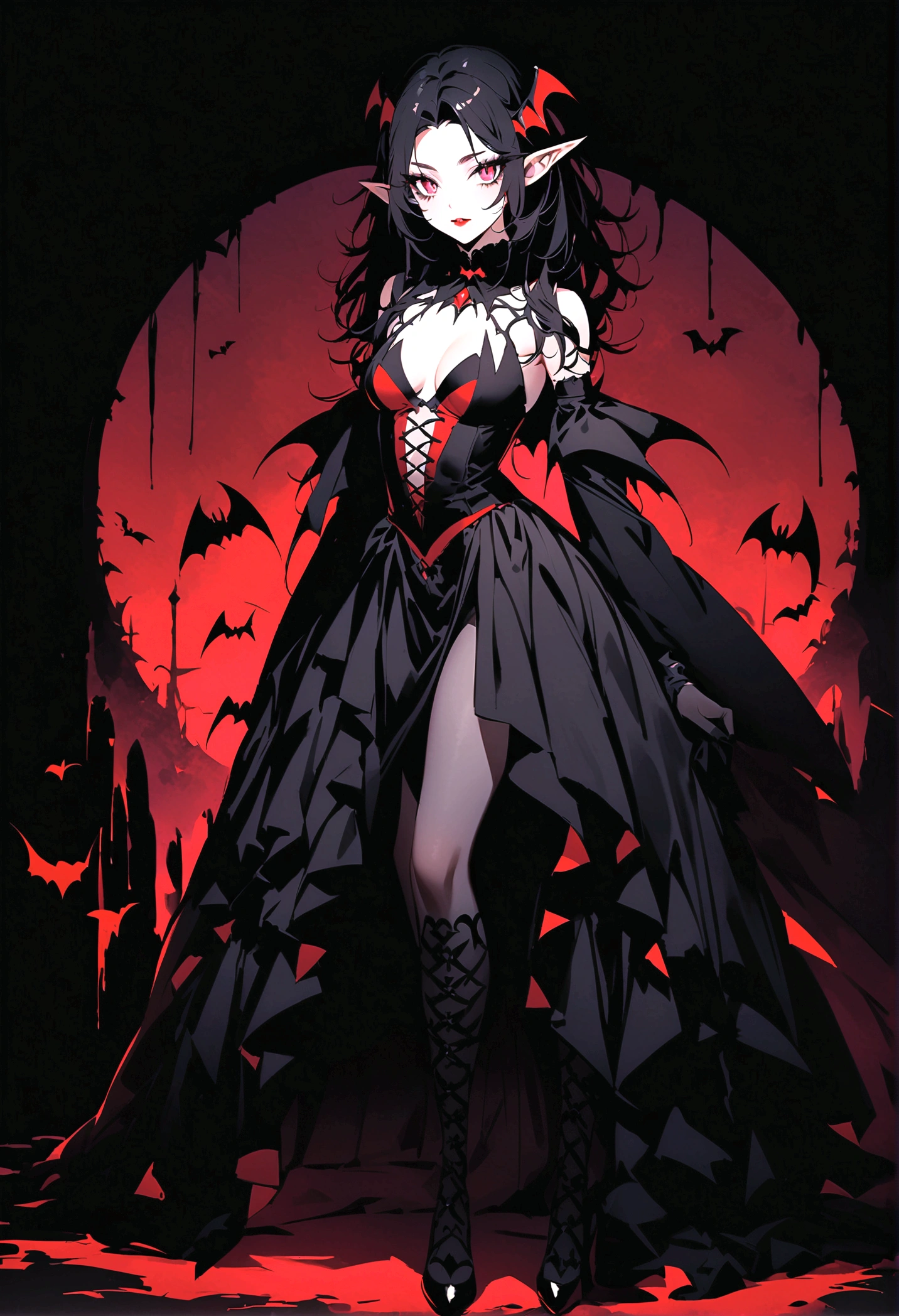 Create an image of the most stunningly gorgeous beautiful perfect sexy vampire elf, beautiful perfect face, long luscious eyelashes, black eyeliner, perfect makeup, lipstick, vibrant detailed vampire slit pupils, luscious black hair, highlights in hair, seductive gothic intricate black dress, full body view,