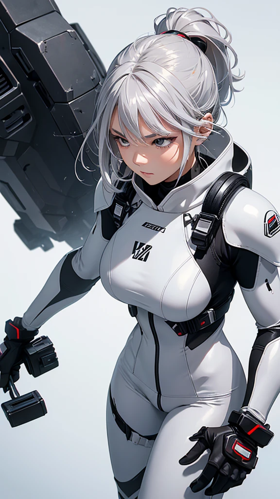 random angle close portrait, brush drawing image, beautiful Thai female teen, aged 20, dynamic fighting action pose with white advanced sci-fi shooter, advanced black earbuds, medium-long straight light grey hair with forelock, white slim fit sci-fi stand collar diving suit with 3/4 white sleeves, slim fit sci-fi glossy white pants with weapons holster on thighs, black shoulders and arms armour, black gloves, grey smoke explode, white background, 8k resolution