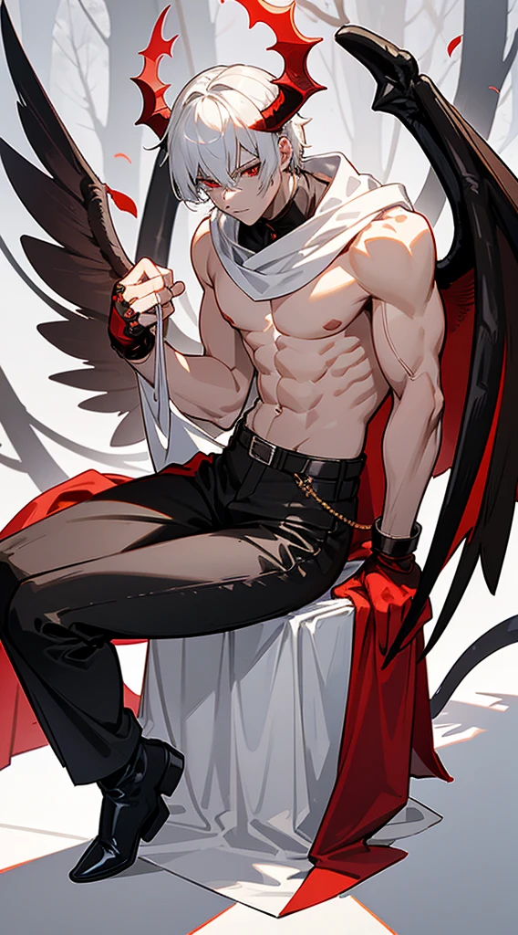 Handsome man, white hair, very short hair, ((crew cut: 1)), red eyes, fair skin, ((muscular: 1)), man, 28 years old, wearing a white hood, gold and silver details, leather shawl brown, baggy pants, gray boots, black and brown belts, black boots, brown gloves, lots of belts, demonic angel wings, six wings, black wings, demon horn, black scales, black scales on the neck, black lizard tail, demonic form, angel form, half and half, chaos angel, halo on the back, holy light element , shadow element of corruption man sitting, muscular, sexy, sitting on a rock, background forest, black trees, trees with red leaves