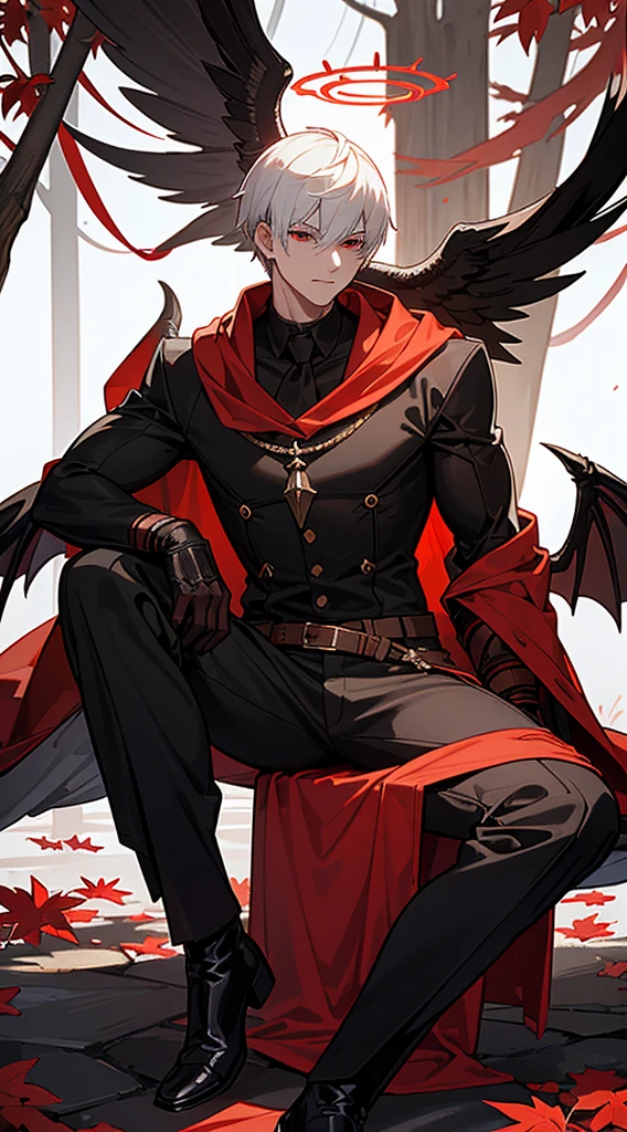 Handsome man, white hair, very short hair, ((crew cut: 1)), red eyes, fair skin, ((muscular: 1)), man, 28 years old, wearing a white hood, gold and silver details, leather shawl brown, baggy pants, gray boots, black and brown belts, black boots, brown gloves, lots of belts, demonic angel wings, six wings, black wings, demon horn, black scales, black scales on the neck, black lizard tail, demonic form, angel form, half and half, chaos angel, halo on the back, holy light element , shadow element of corruption man sitting, muscular, sexy, sitting on a rock, background forest, black trees, trees with red leaves