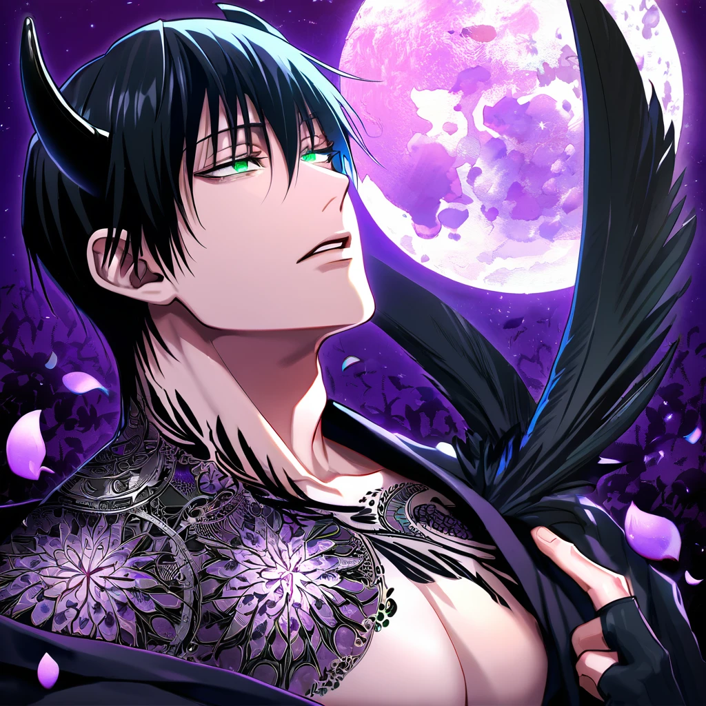 Ultra detailed, Highres, absurdres, HDR, Fushiguro Touji, black straight hair, expressive green eyes, black coat with patterns, Jujutsu Kaisen, fantasy, petals, handsome, sexy man, solo, very detailed eyes and face, master piece, black gloves, purple background, purple moon, bare chest, black demon horns, magical, purple roses, black feathers, shining, starry sky,