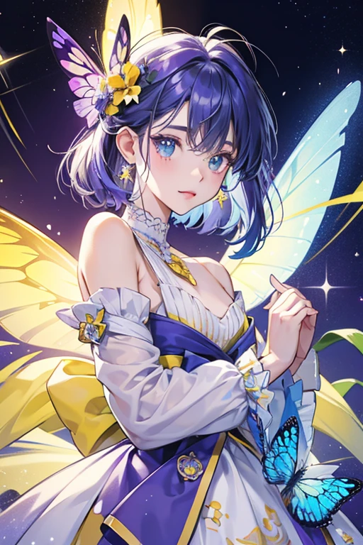 Style-PotionMagic-2000,    masterpiece character concept art,  best quality, a beautiful woman with glowing symmetrical fairy wings in a mystical lagoon with high vegetation at night, intricate blue (translucent:1.2) dress, hair bun, hair ribbon, rainbow hair, intricate mystical multicolor (air sparkles:1.2), smiling, laughing, looking at viewer, orange eyes, intricate jewelry at night, dark, low light, no natural lighting, air sparkle illumination Realism, 8K, absurdres, dramatic shadows, high contrast, depth of field, sharp focus, high resolution