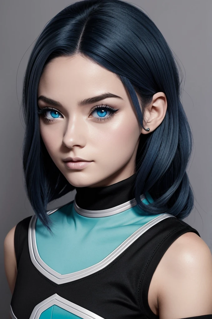 crea una imagen de una mujer de pelo largo de color negro, con un ojo gris y el otro azul, pale skin,de mi hero academia