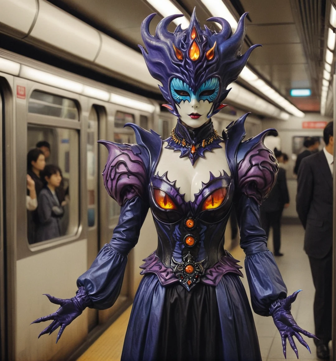 kaijinxl. full body, perfect anatomy. a tall monster countess, from the side, wearing a black shadows (violet dark flames:1.2) monster themed costume and mysterious glowing blue eyed mask with flames form headgear. emphasized-details, on Tokyo metro surrounded by people looking at her, gloomy, retro filter, VHS screencap,  