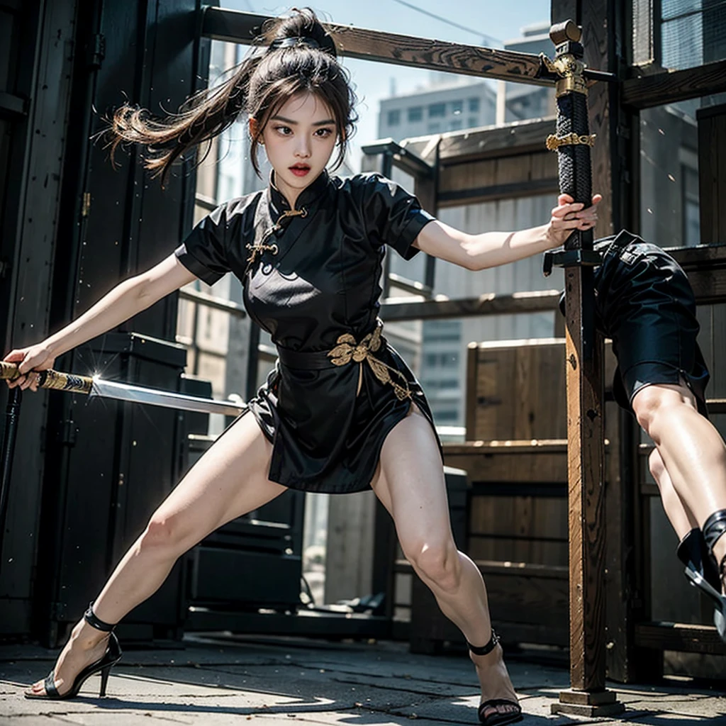 A girl wearing a black and gold short qipao,Wear a high ponytail,Close-up shot of woman in black high heels holding samurai sword for fighting,Full body close-up,Air bangs,Fighting Stance,A fierce battle is going on,Lead the team to destroy the enemy