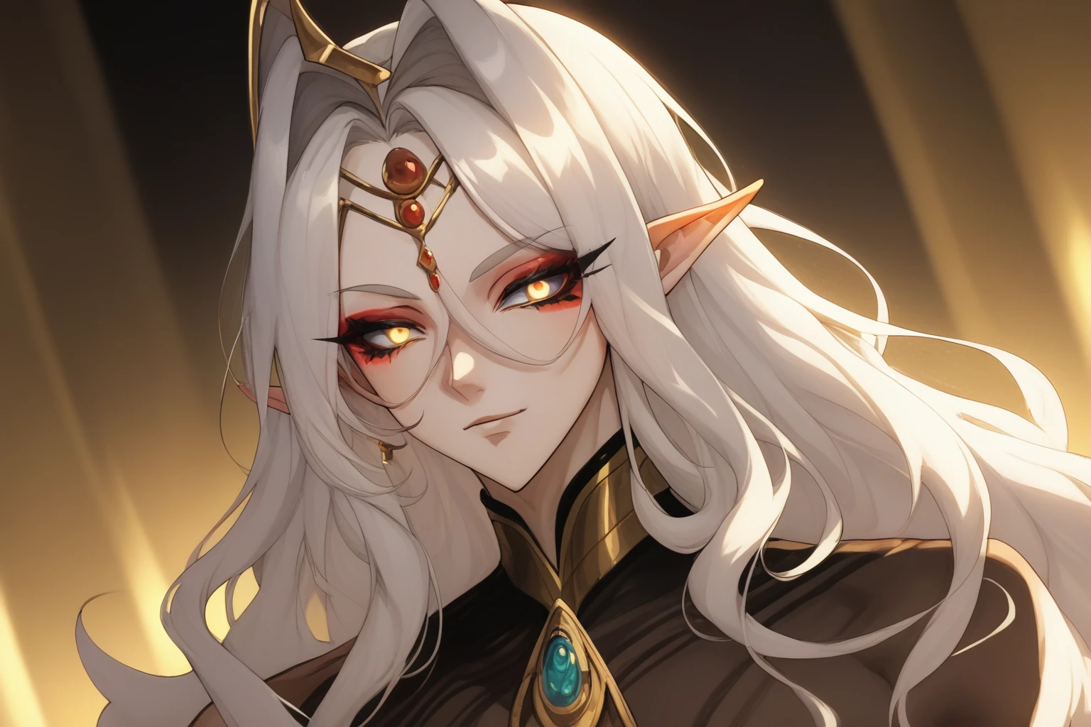 (yellow skin 1.5), (gold skin 1.8), (masterpiece),(highest quality),highres, (extremely detailed), ultrahires, dunmer, altmer, pretty boy, male, anime guy, anime boy, dollish eyelashes, long wavy hair, portrait, smoky eyes, egyptian eyeliner, ostentatious brocade robes, glamorous, gorgeous, stunning eyes, jewelry, veils, golden skin, dewy skin, bjd, glossy eyelids, eyeshadow, vibrant, pointy chin, v shaped jaw, domineering, proud, slender, high elf, curly hair,