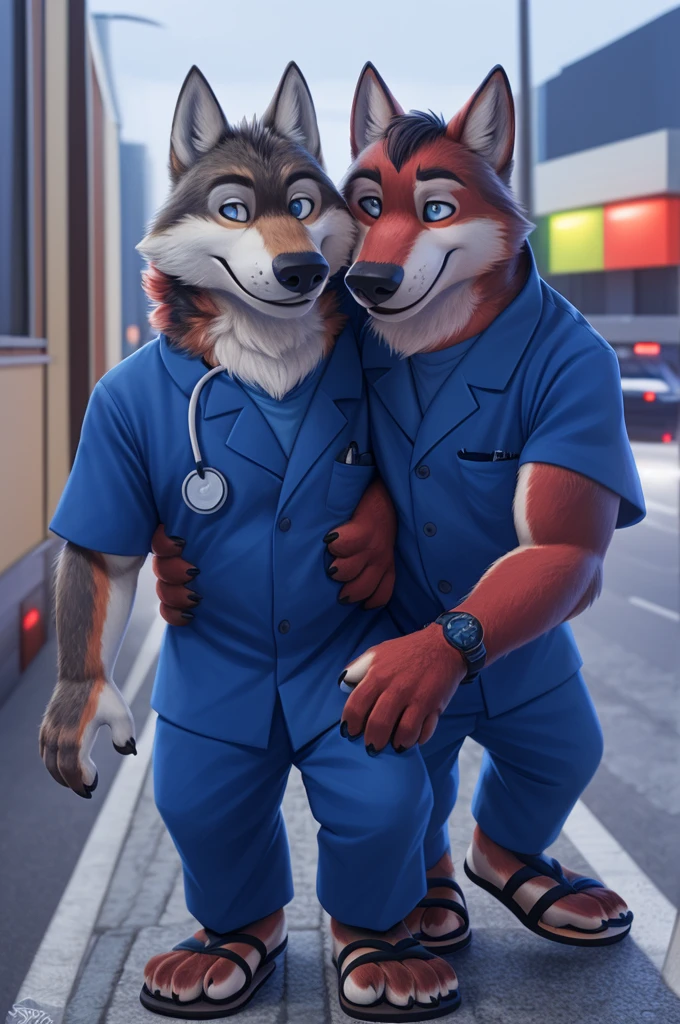 Ivan Fedorovich Wolfbach (Novosibirsk) ,tall handsome, wolf,young, 24 years, brown fur,Kind,(red body:1.3),beautiful blue eyes,Novosibirsk,dressed, мединский костюм stethoscope,sandals,Dr,самый Kind, canine, wolf, detailed fur, male, antro, paw pads, finger claws,at viewer, 5 fingers, paws, 5 fingers, smile, wrist watch, т nextel,by xenoforge, (difficult, high detail, digital photography, soft focus, RAW species палаты ,very close to the camera, species,Novosibirsk, smile, a good mood, positive, very close to the camera,on the street, stethoscope, in the neck,coming,Doctor, sandals,
Photorealism, realistic, photorealistic, digital style, Subsurface scattering,Looking at the viewer,hugs the she-wolf,
masterpiece, Best quality, ultra realistic, 8 k)