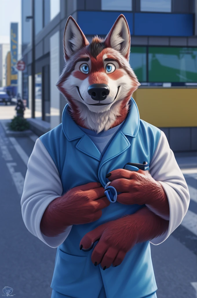 Ivan Fedorovich Wolfbach (Novosibirsk) ,tall handsome, wolf,young, 24 years, brown fur,Kind,(red body:1.3),beautiful blue eyes,Novosibirsk,dressed, мединский костюм stethoscope,sandals,Dr,самый Kind, canine, wolf, detailed fur, male, antro, paw pads, finger claws,at viewer, 5 fingers, paws, 5 fingers, smile, wrist watch, т nextel,by xenoforge, (difficult, high detail, digital photography, soft focus, RAW species палаты ,very close to the camera, species,Novosibirsk, smile, a good mood, positive, very close to the camera,on the street, stethoscope, in the neck,coming,Doctor, sandals,
Photorealism, realistic, photorealistic, digital style, Subsurface scattering,Looking at the viewer,hugs the she-wolf,
masterpiece, Best quality, ultra realistic, 8 k)