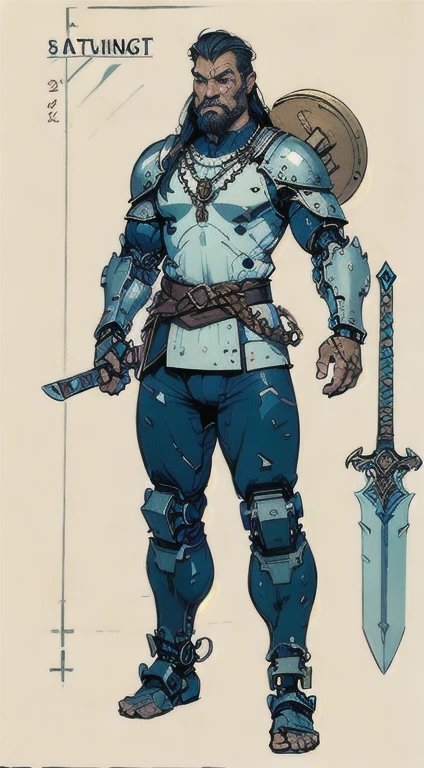 1man, giant brutish man, perfect proportions, anatomically correct, (head to toe: 2.0), (full body image: 2.0), solo, extremely stylized, masterpiece, highly detailed, detailed eyes, expressive detailed eyes, detailed pupils, futuristic, ((wearing medieval armor )), ((holding a sword and shield)), (cybernetic arms:1.4), big boots, entire body image, full body shot, large beads, (large tassels), inkpunk, paint platter, ink splatter, (action pose:1.0), ((chainmail shirt)), old warrior, long beard, ((armor shoulders))