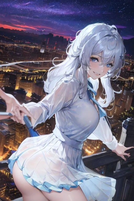 Official Art, masterpiece, Clear focus, (Beautiful, gorgeous and lovely Korean women:1.3), (Beautiful and cute Korean:1.3), Korean beauty, Exquisite and beautiful hair、Eyes and face, Practical, Super detailed, beautiful girl, Blue sky, 夜光White颗粒, (Side Light:1.2), Sunlight, White Cloud, Detailed Cloud, thin and long, Cute big boobs and big ass, grin, ((Smile with your eyes, Open your eyes)), landscape, long, Straight Hair, sexy facial expression, architecture, (city View:1.7), Dynamic Hair, long, Straight Hair, delicate white hair, glowing blue eyes, (blue pleated shirt + White Skirt), White, Pale skin, Hair accessories, epic landscape,Nice ass,Beautiful buttocks ,White高跟鞋,The skirt was lifted