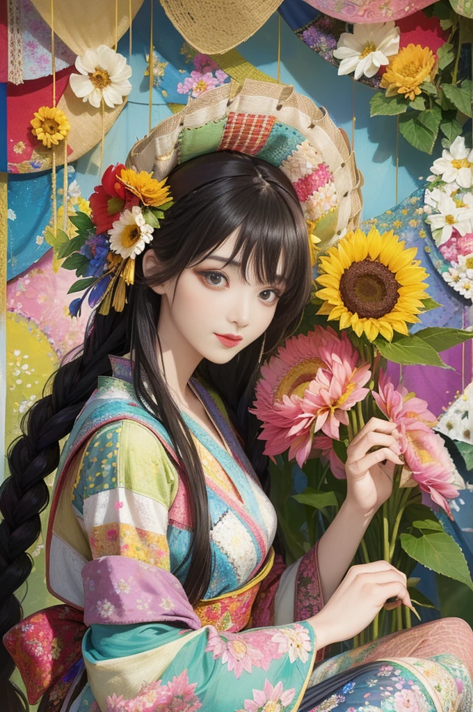 Solarization:1.5,(Patchwork floral tapestry art background:1.5),Colorful、Black hair、long、Korean beauty with matching bangs、Thin eyeliner、Rose Red Lip、Red kimono、Powerful studio lighting、top-quality、​masterpiece、bokeh dof、Front Focus illustration in the style of cute, an elegant and beautiful girl with long brown hair in braids wears colorful striped tights under a straw hat decorated with flowers, she has green eyes and is wearing a rainbow colored sweater. the background depicts a magical garden filled with blooming sunflowers and daisies, full body, delicate and fine art style, cute and dreamy mood, soft lighting, vibrant colors, digital painting