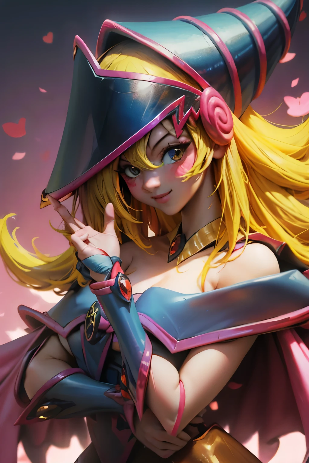 Hermoso rostro de dark magician gils, ojos azules. Labios rosados. Cabello rubio y largo. Ombros descubiertos, sonrisa angelical, hermoso rostro bien detallados de dark magician gils. With his hands he makes the sign of love and peace. His hands make a sign of peace and love.