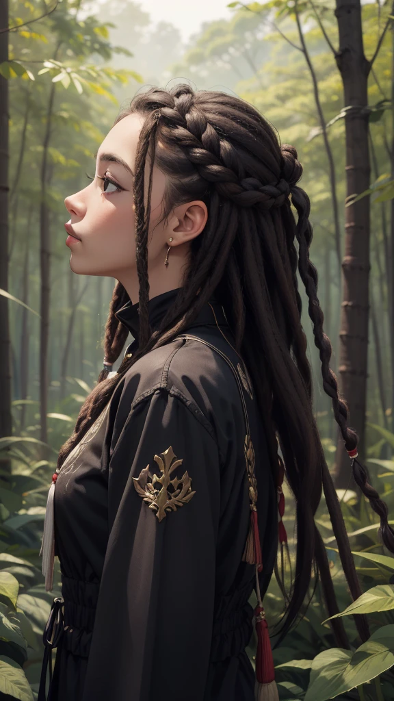 (masterpiece、Highest quality)、african deep ebony one girl、Beautiful Face、Kimberly Jackson、Dreadlocks at will、profile、Upper Body、in the forest。