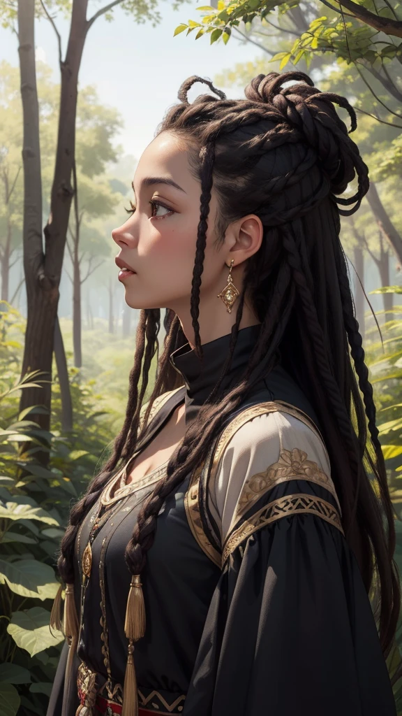 (masterpiece、Highest quality)、african deep ebony one girl、Beautiful Face、Kimberly Jackson、Dreadlocks at will、profile、Upper Body、in the forest。