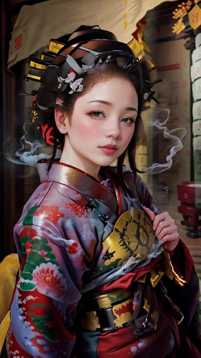 Highest quality、masterpiece、8k、Realistic、超High resolution、Very delicate and beautiful、High resolution、Cinema Lighting、Face close-up、Perfect female body、Opposition、Looking at the audience、((Oiran、Gorgeous kimono、Vibrant colors、embroidery、band、hairpin、(Date Hyogotaka:1.8)、Gorgeous hair ornament、Powder Makeup、Red lips、Delicate hand movements、graceな姿勢))、parade、On the tatami、Golden Screen、fan、tent、Traditional beauty、A fleeting look、Smoke Tube、Elegant atmosphere、Historical background、Night view、Glossy feel、grace、Captivating Charm