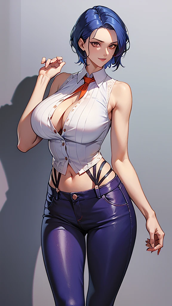 A tall woman, sexy, big breast, beautiful, happy, confident, affectionate, with short bright blue hair and orange eyes, wearing a white sleeveless button-down shirt, showing her navel and dark blue pants underneath, and wearing a red kitten heel.