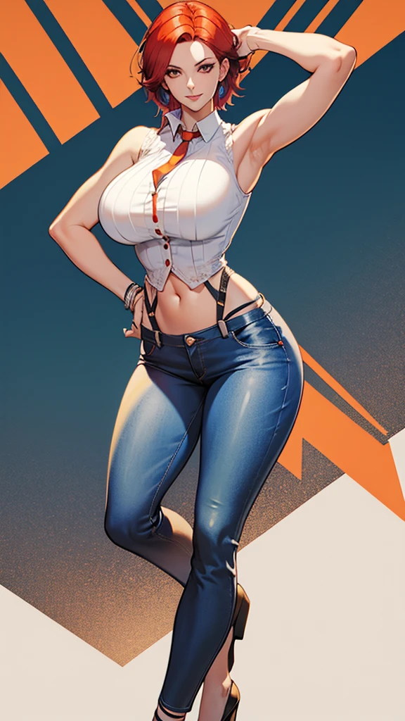 A tall woman, sexy, big breast, beautiful, happy, confident, affectionate, with short bright blue hair and orange eyes, wearing a white sleeveless button-down shirt, showing her navel and dark blue pants underneath, and wearing a red kitten heel.