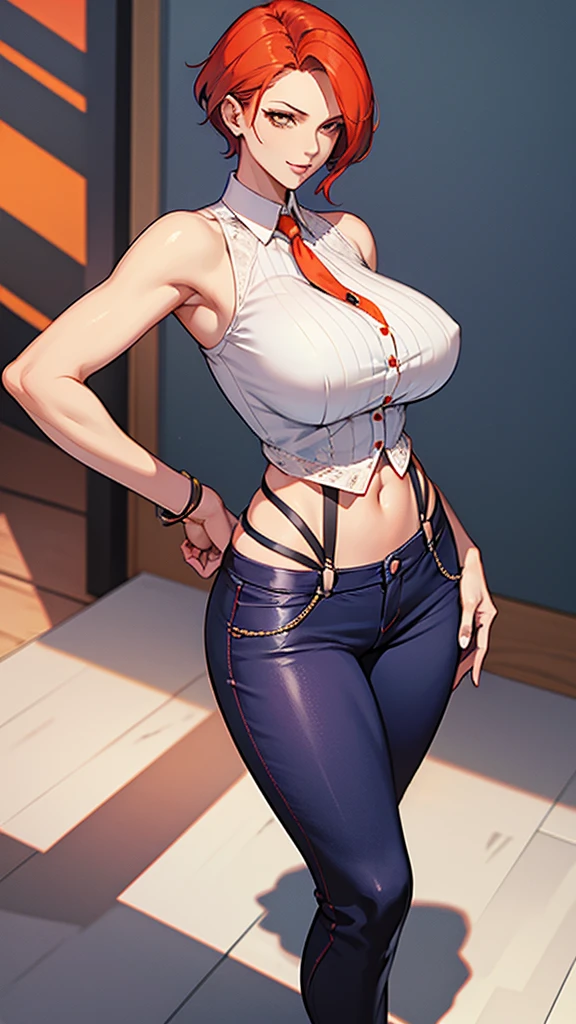 A tall woman, sexy, big breast, beautiful, happy, confident, affectionate, with short bright blue hair and orange eyes, wearing a white sleeveless button-down shirt, showing her navel and dark blue pants underneath, and wearing a red kitten heel.