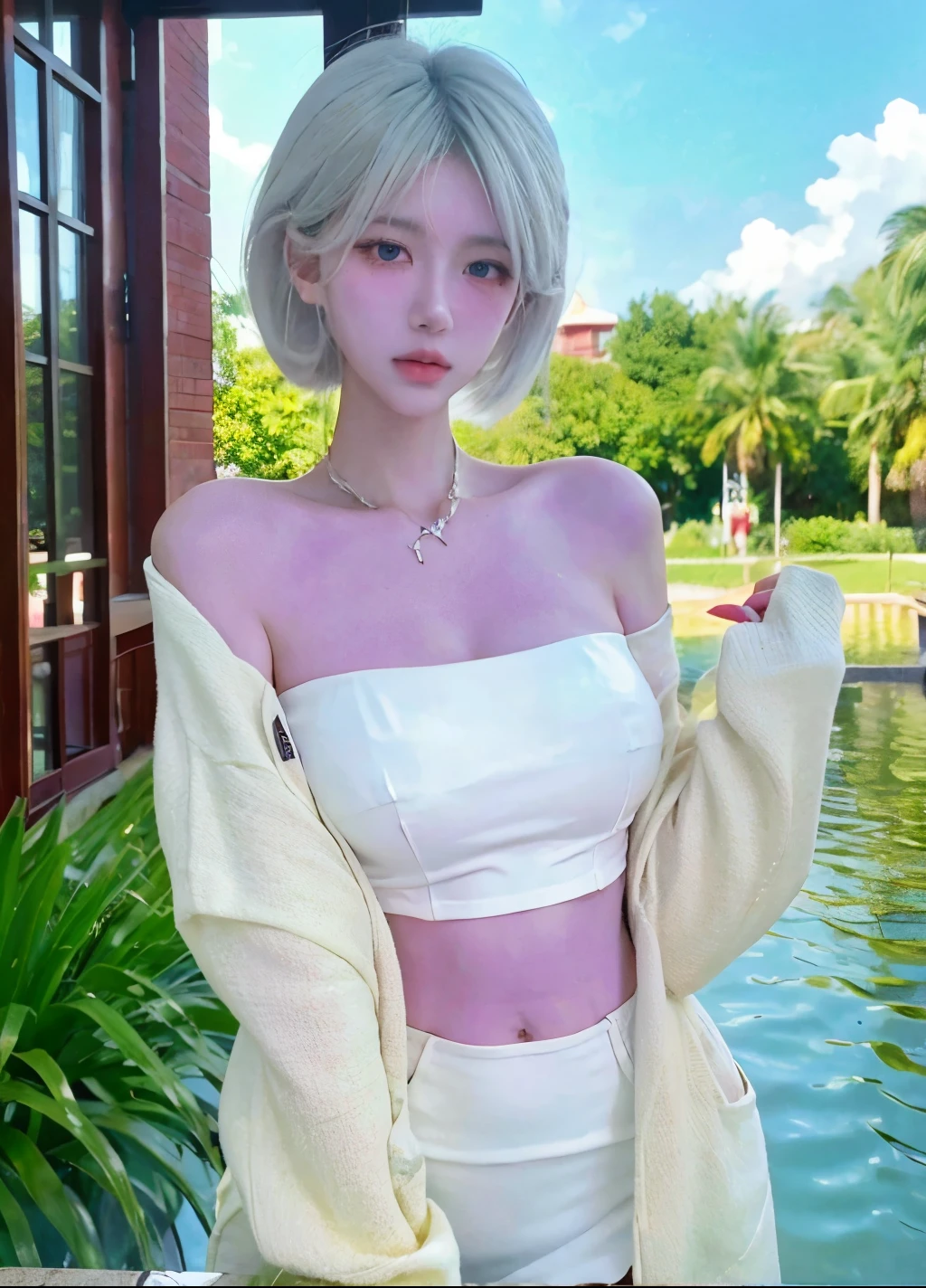 Beautiful woman with perfect figure:1.4,Layered hairstyle,White skin,Prominent cleavage,Bikini:1.5,Super short pleated skirt,whole body,Very delicate facial and skin texture,Double eyelids,Skin Whitening,Long white hair