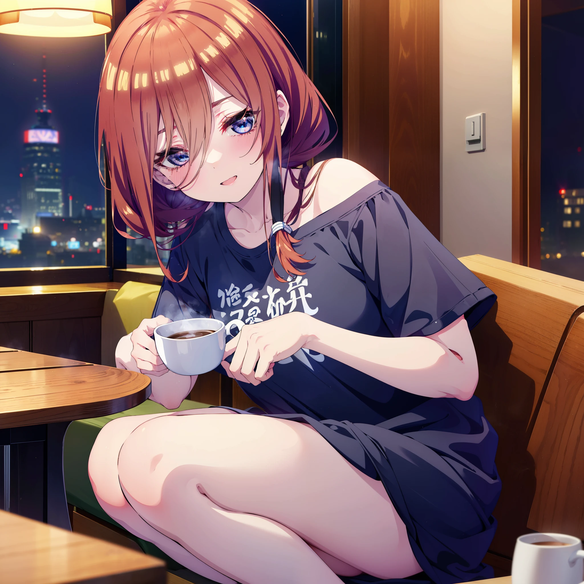 Mikunakano, miku nakano, Long Hair, bangs, blue eyes, Brown Hair, shirt, Hair between the eyes,smile,Open your mouth, Messy Hair,オーバサイズtshirt,One Shoulder,Black string underwear,barefoot,Sitting on the sofa,There is a coffee mug on the table,whole bodyがイラスト入るように,
break indoors, Bedroom,Building district,
break looking at viewer, whole body,
break (masterpiece:1.2), Highest quality, High resolution, unity 8k wallpaper, (figure:0.8), (Beautiful attention to detail:1.6), Highly detailed face, Perfect lighting, Highly detailed CG, (Perfect hands, Perfect Anatomy),