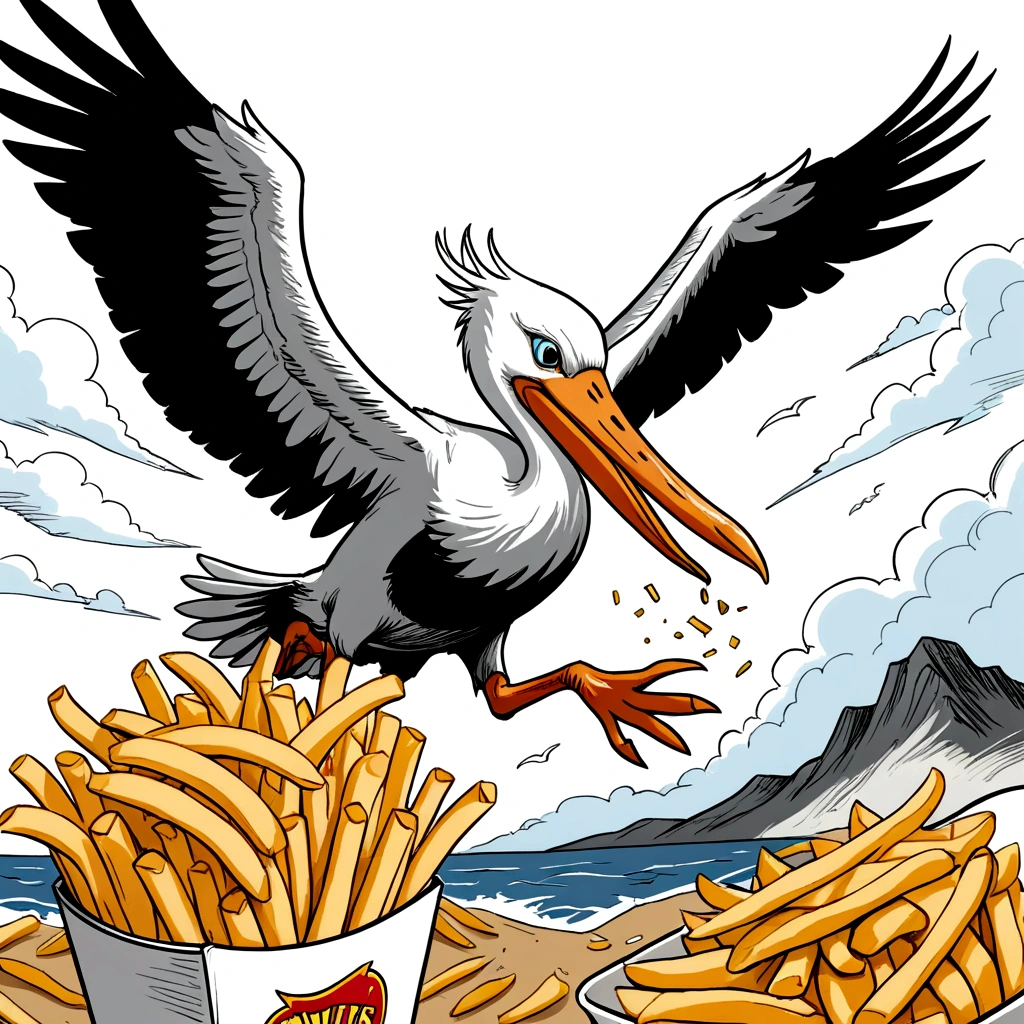 golden french fries juxtapose a black and white world, rescuers down under, cinematic wordless poster, Wilbur the pelican in flight, snacking on french fries, showcase pelican soaring in the sky eating fries, expressive unfinished sketch, unified coloring, ink lines, ink figure